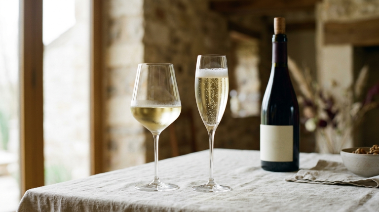Copa de vino blanco y copa de espumoso sobre mantel de lino, tendencias del vino 2026