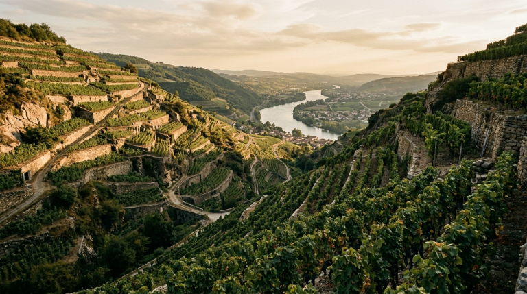 Viñedos en terrazas de granito del Ródano Norte sobre el río, vinos del Ródano